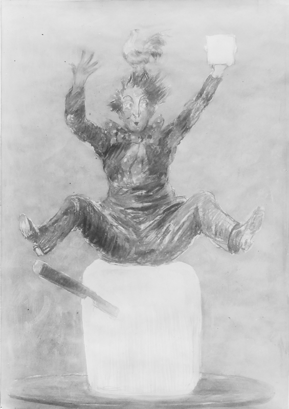 1919 - A man dressed in a fanciful way is sitting on a lump of butter.