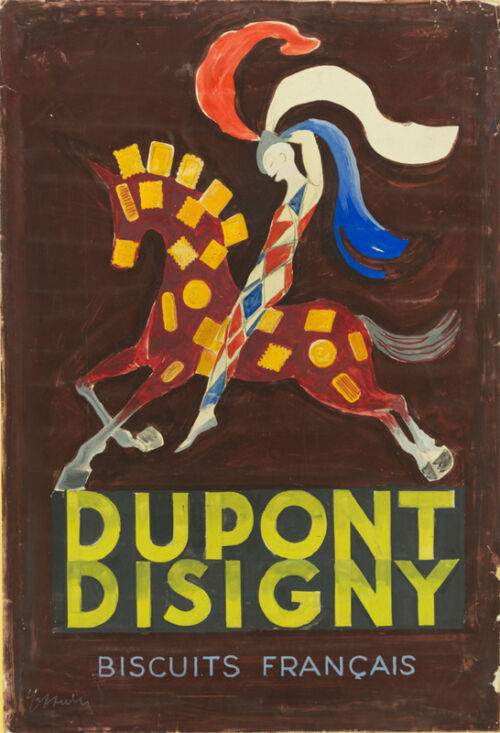 1932 - 1932043E1 : Un Arlequin monte un cheval. Tous deux  portent un damier multicolore. 1932043E0 : Pour Dupont d'Isigny le damier du cavalier ne comporte que du bleu