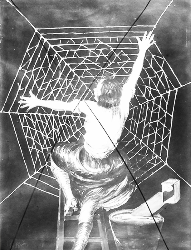 1924 - Une femme a apporté sa lessive dans une bassine. Elle monte sur un escabeau pour faire sécher un drap sur un fil. Une première esquisse faite pour le savon Flor a été annulée. Elle montrait la femme devant une toile d'araignée (Cf photo noir et blanc). Elle a été remplacée par "Lessive". - Leonetto Cappiello