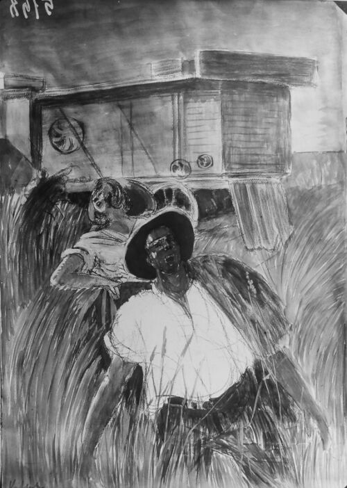 1921 - Deux paysans traversent un champ de blé sous un panneau d'affichage.