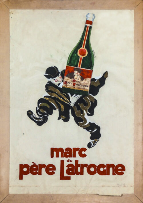 1930 - Un homme d'un certain âge a manifestement abusé de la grosse bouteille de marc qu'il porte dans les bras. - Leonetto Cappiello