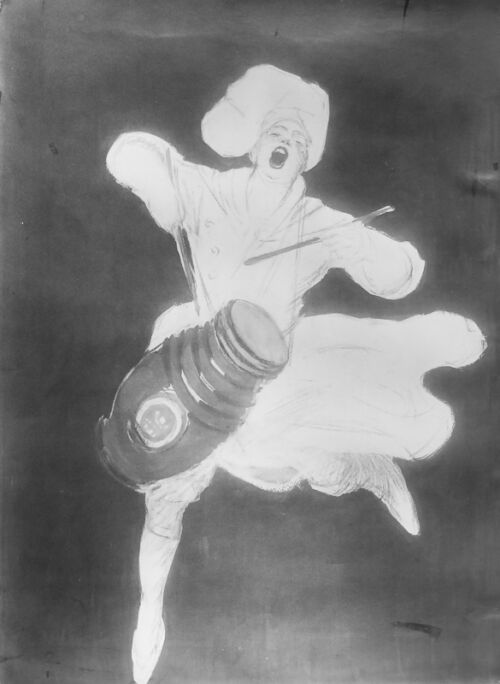 1923 - Un cuisinier utilise un gigantesque pot de moutarde pendu à son cou comme tambour. Il bat le rappel et interpelle les consommateurs pour qu'ils viennent déguster le merveilleux produit ! - Leonetto Cappiello