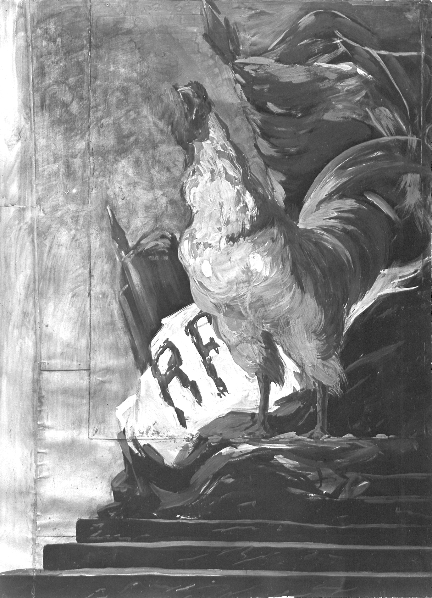 1913 - A Gallic rooster at the top of a staircase sings in front of warlike flags