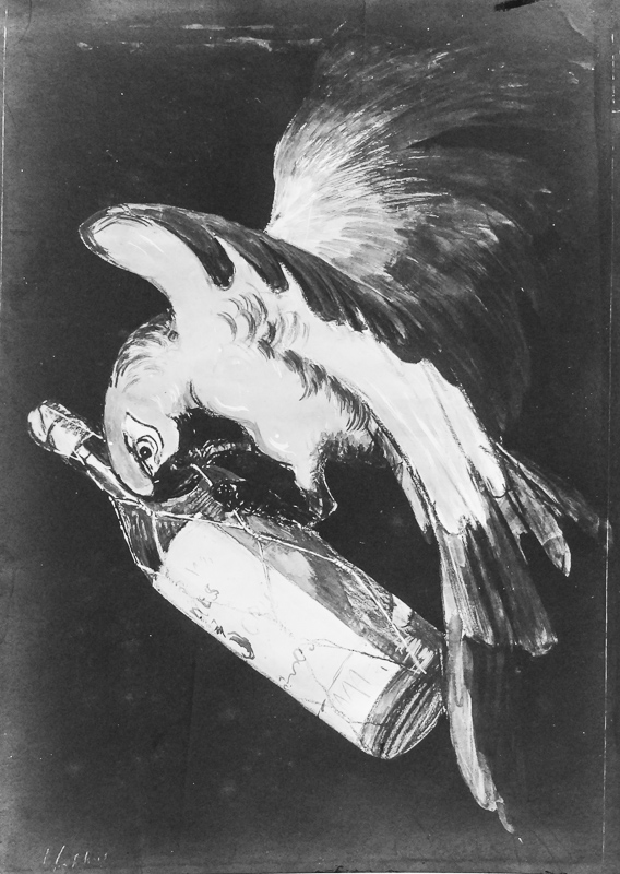 1919 - Un perroquet s'accroche à une bouteille. Il essaie d'enlever le grillage qui la protège.