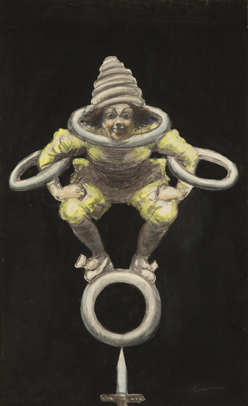 1919 - Un jongleur entouré de pneus tient en équilibre sur un autre posé sur la pointe d'une dague. Ceci prouve combien ce pneu est increvable.