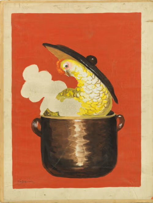 1931 - Une poule avec ses plumes cuit dans une cocotte fumante.