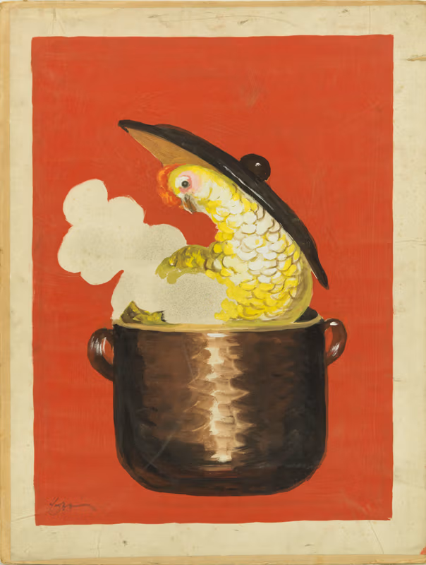 1931 - Une poule avec ses plumes cuit dans une cocotte fumante.