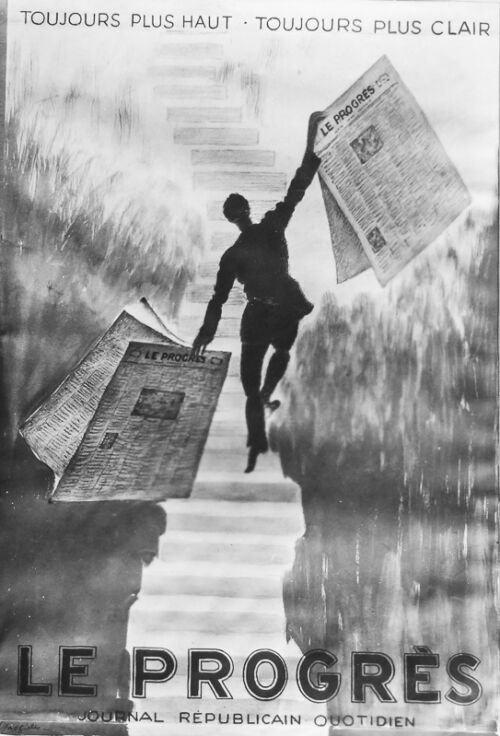 1933 - Un crieur de journaux monte un escalier sans fin. Il s'élève grâce à son journal.
