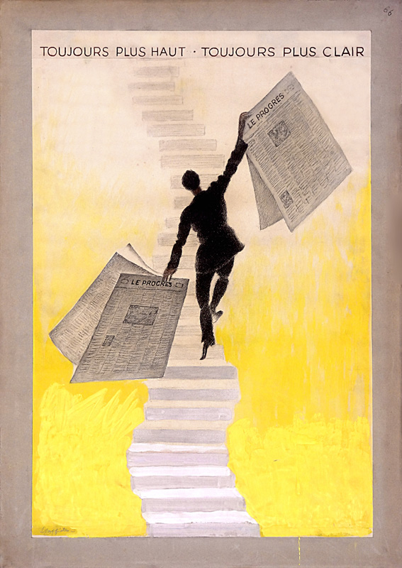 1933 - A newspaper vendor climbs an endless staircase. He rises thanks to his newspaper.