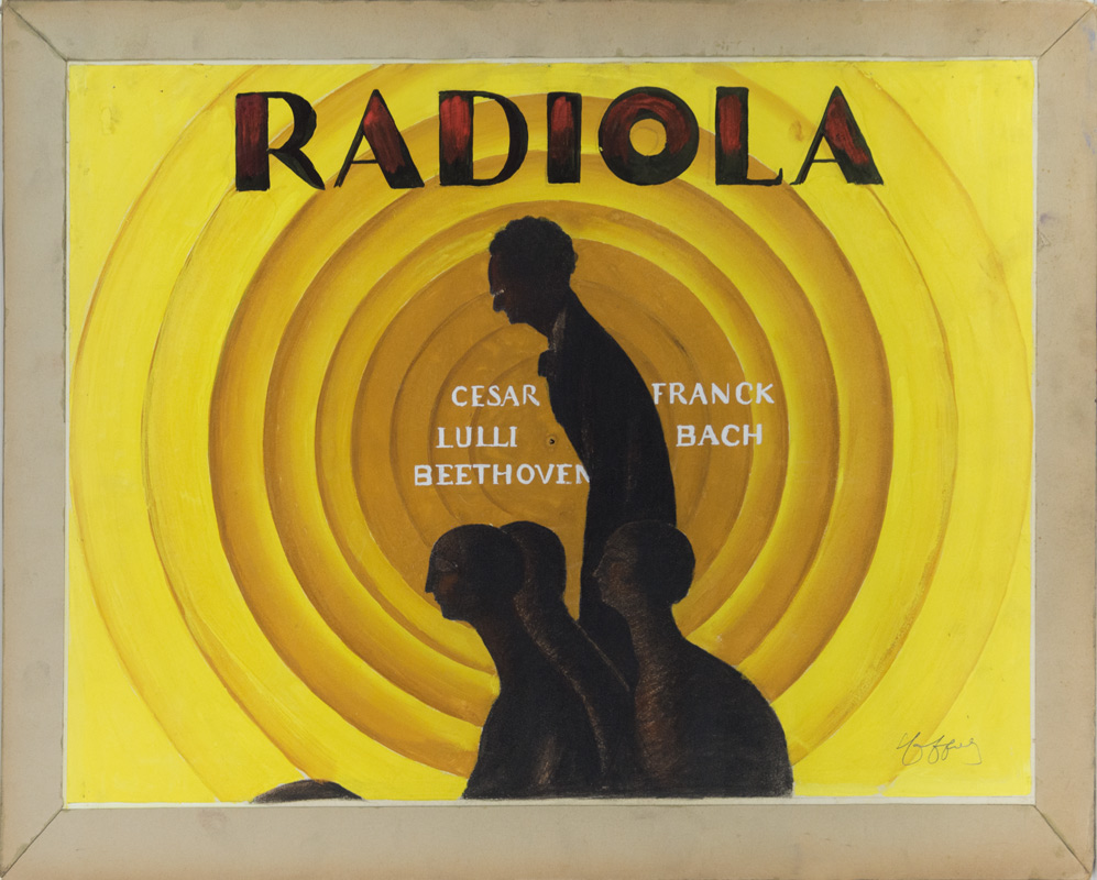 1929 - Des silhouettes sombres sont à l'écoute dans un environnement de cercles concentriques matérialisant les ondes radio.