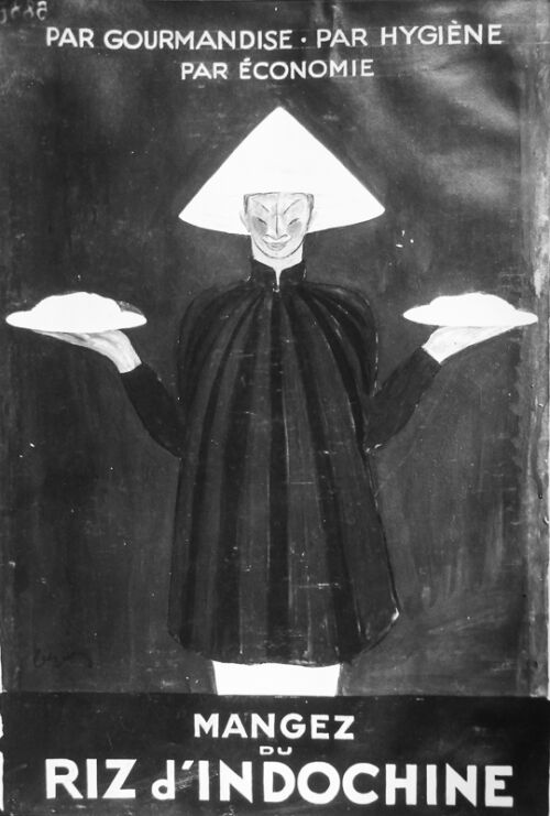 1931 - Un annamite en costume local présente une assiette de riz dans chaque main. Une variante a été faite pour le Riz d'Indochine (Cf. photo noir et blanc). Voir aussi : Riz d'Indochine - Leonetto Cappiello