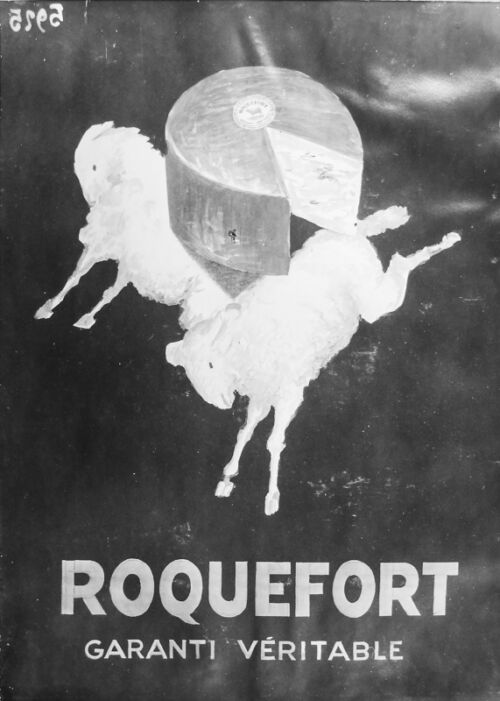 1932 - Deux brebis portent un fromage Société. Cette esquisse a eu pour variante d'autres lettres et le logo du Roquefort Société sur le fromage (voir photo noir et blanc). Une deuxième esquisse a également été réalisée pour ce produit. - Leonetto Cappiello