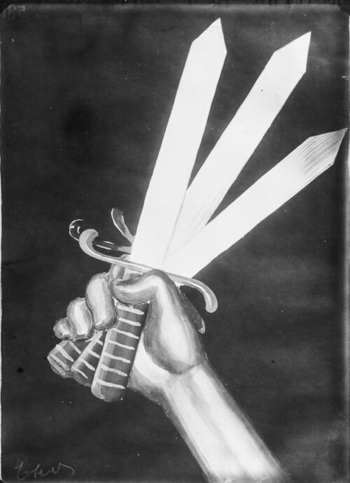 1930 - Une bouteille de Rozol est assimilée à un bras agressif portant trois glaives.