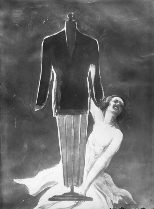 1924 - Une vendeuse présente un mannequin habillé en costume et cravate.