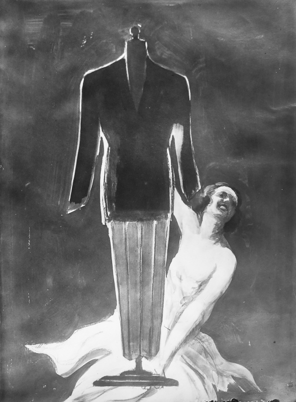 1924 - Une vendeuse présente un mannequin habillé en costume et cravate.