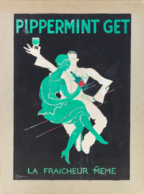 1932 - Deux personnages assis sur deux tabourets boivent un Saint-Raphaêl. L'un est en blanc