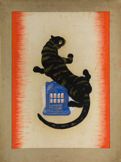 1927 - Une salamandre géante se réchauffe contre un poêle.