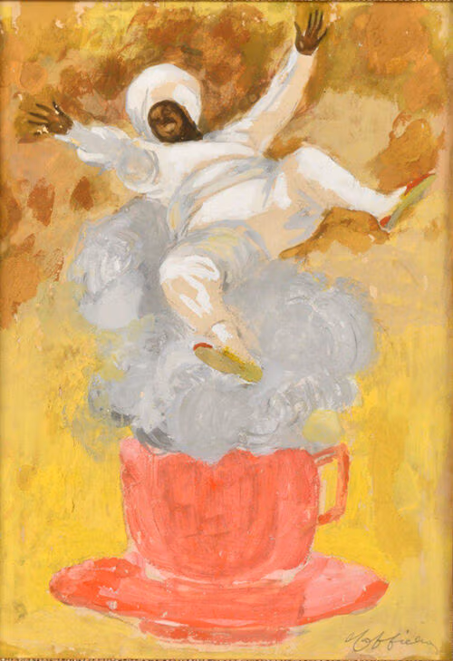 1921 - Un turc assis sur la fumée d'une tasse de café. Il brandit une cafetière et des paquets de café dans la deuxième variante. - Leonetto Cappiello