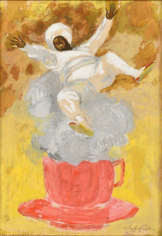 1921 - A Turk sitting on the smoke from a coffee cup. He is holding a coffee pot and packets of coffee in the second variant. - Leonetto Cappiello