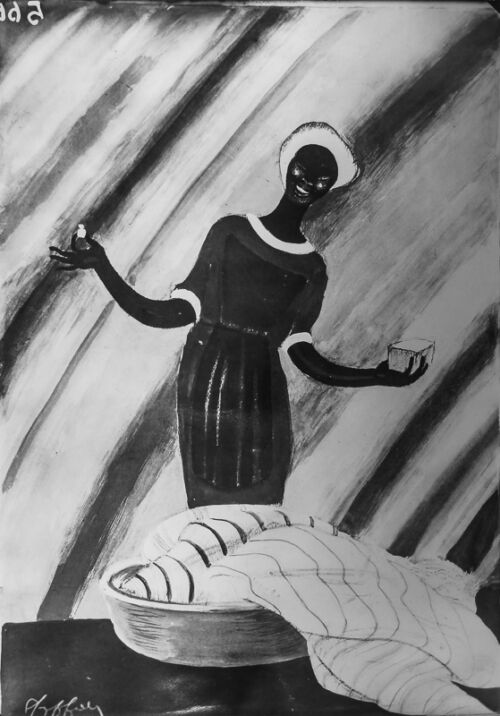 1928 - Une africaine tient dans les mains un savon et un flacon de teinture devant un mur arc en ciel.