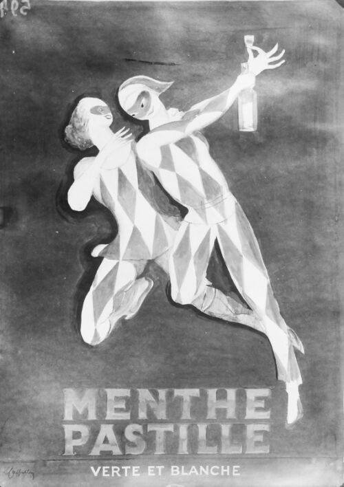 1932 - Un Arlequin et une Arlequine dansent en présentant une plaque de chocolat à croquer. - Leonetto Cappiello