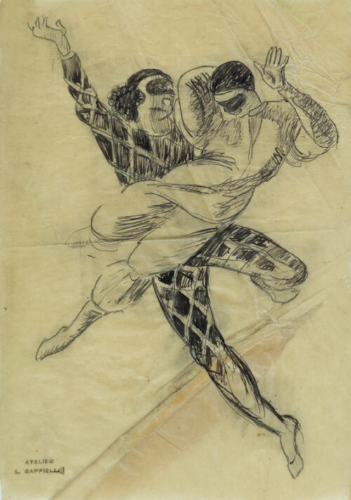 1921 - Un arlequin et un pierrot dansent au milieu de serpentins. - Leonetto Cappiello