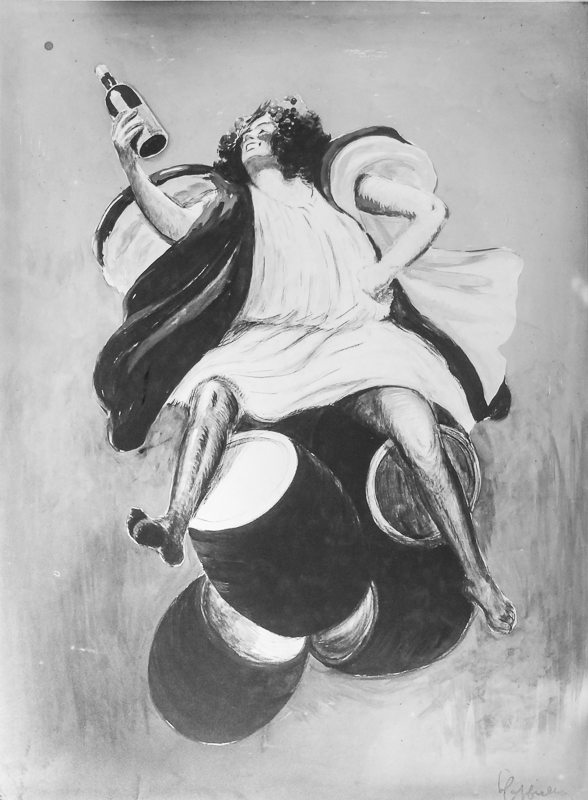 1919 - Bacchus sitting on barrels looks at the bottle he is holding in his hand.