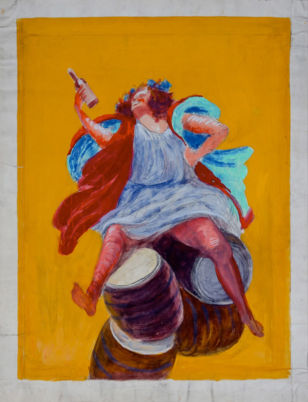 1919 - Bacchus sitting on barrels looks at the bottle he is holding in his hand.