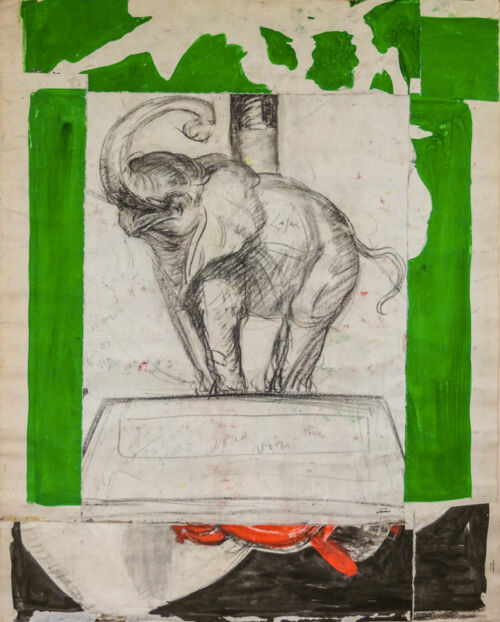 1925 - Un éléphant vert porte sur son dos une bouteille de vin Bourdou. Pour concevoir cette esquisse