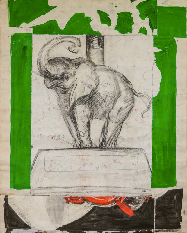 1925 - Un éléphant vert porte sur son dos une bouteille de vin Bourdou. Pour concevoir cette esquisse