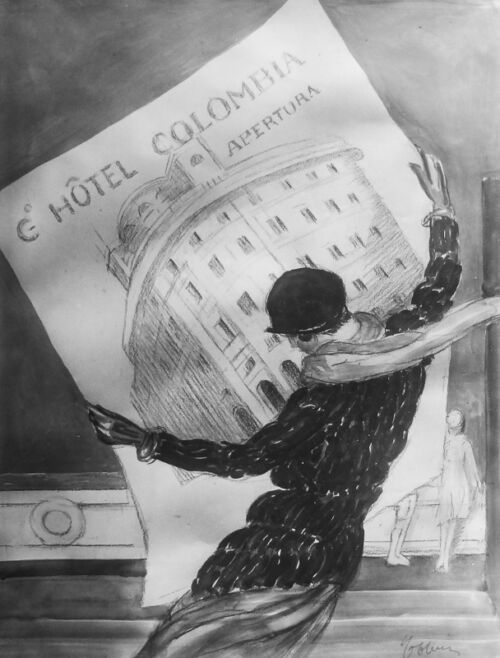 1927 - Une croisiériste sur le pont d'un paquebot regarde une publicité pour l'hôtel Colombia de Gènes.