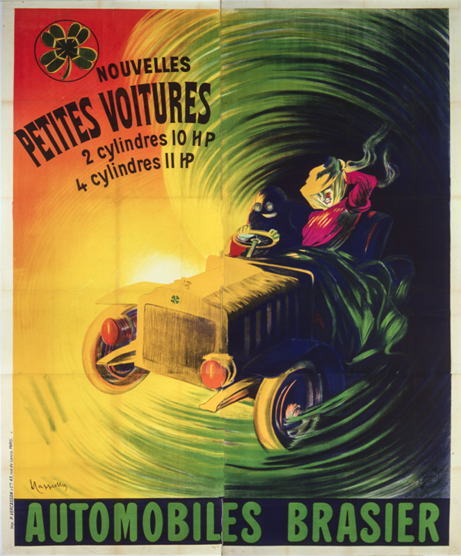 au grand plaisir de sa passagère qui retient son chapeau de peur qu'il ne s'envole."Le plus souvent Cappiello puise son effet dans sa coloration même. Mais cet effet coloré