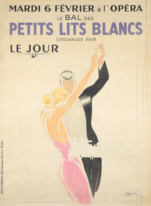 1934 - Un couple en tenue de soirée danse devant un rideau de scène. Au milieu de l'affiche