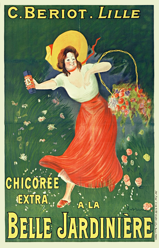 1912 ca. - Une jeune paysanne rentre des champs avec un panier rempli de fleurs au bras. Elle nous tend un paquet de chicorée. - Leonetto Cappiello
