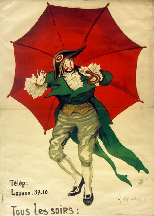 1914 ca. - Cadet Roussel se protège derrière un grand parapluie rouge des propos piquants racontés par les chansonniers à son sujet. - Leonetto Cappiello