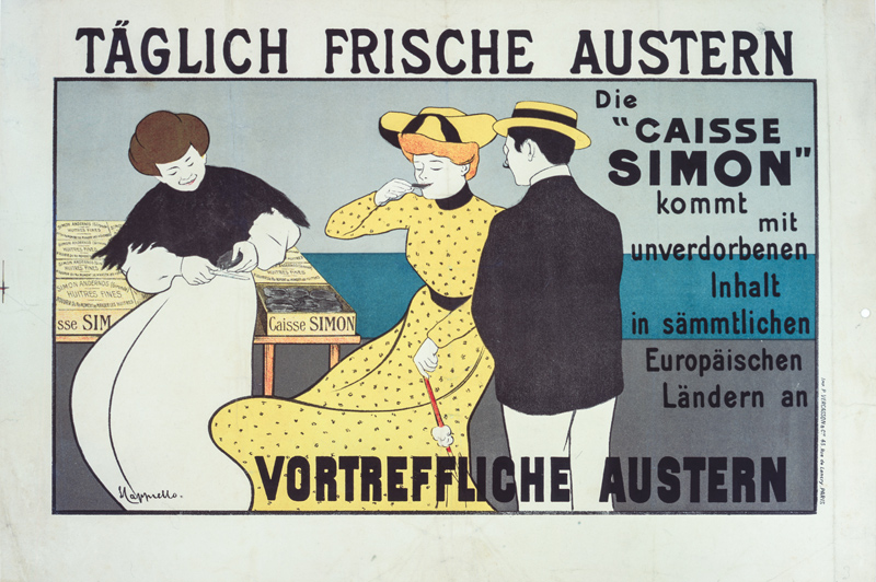 soeurs du peintre Alfredo Müller. Camille Müller est la belle-soeur de Cappiello. Elle et Oreste se sont mariés le 3 mars 1900 à Paris 17ème. "Le croquis de cette affiche a été fait en juin 1901 et payé 500F à l'artiste. Si dans l'ensemble des affiches de Cappiello