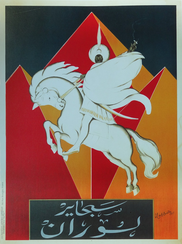 1927 - Un cavalier arabe monte un cheval blanc qu'il stoppe devant les Pyramides. Il tient à la main une cigarette allumée. - Leonetto Cappiello