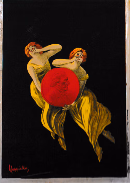 1909 - Two aerial women smoke a cigarette while presenting the effigy of Bartolomé Mitre. - Leonetto Cappiello