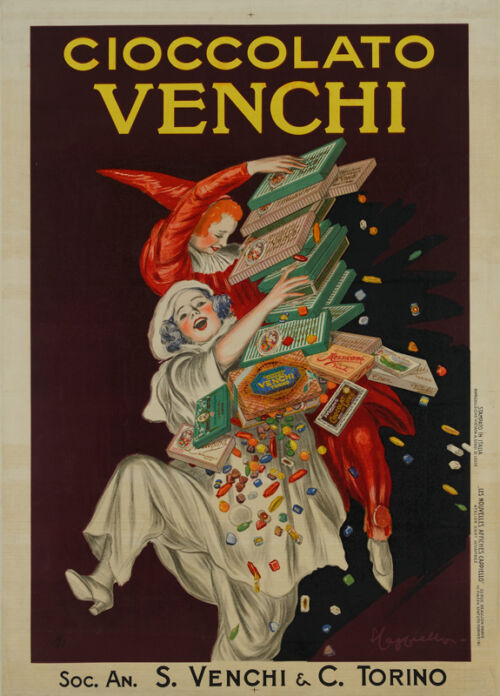 1924 - Deux pierrots jouent avec des boites de chocolat. Ils traduisent un pur bonheur. - Leonetto Cappiello
