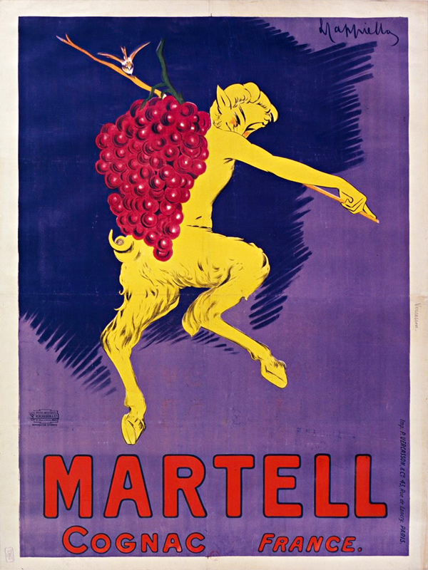 1905 - Un faune porte une lourde grappe de raisin sur son dos. Un petit oiseau vient donner une note de légèreté. Le faune va transformer beaucoup de raisin pour faire un peu de cognac représenté par l'oiseau. On retrouve la même représentation du cognac par un oiseau pour le Cognac Albert Robin. - Leonetto Cappiello
