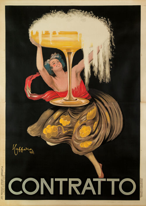 1922 - Une femme porte à bout de bras une coupe gigantesque de vin effervescent dont la mousse déborde. - Leonetto Cappiello