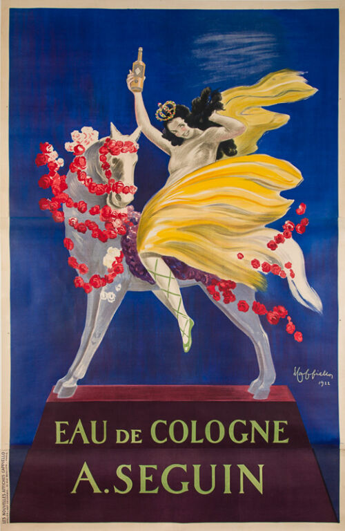 1922 - Un cheval blanc est posé sur un piédestal et paré de guirlandes de roses. Une reine le monte en brandissant une bouteille d'eau de Cologne. - Leonetto Cappiello
