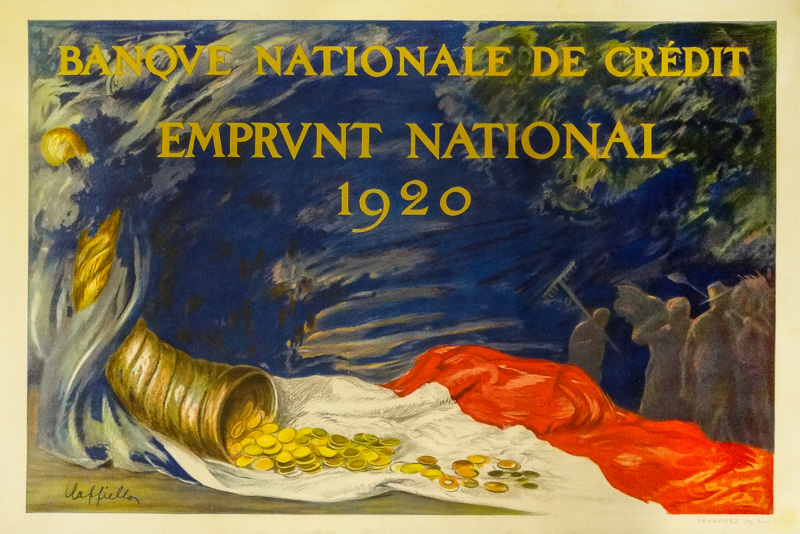 1920 - A cornucopia pours gold coins onto a French flag. In the distance, men set off to rebuild.