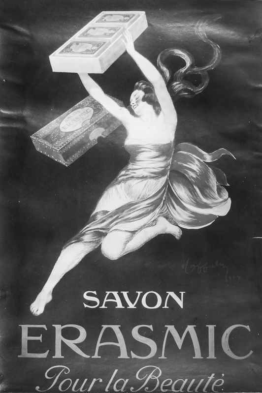 1925 - Une femme en apesanteur brandit au-dessus de sa tête une boîte de savonnettes.