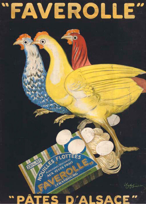 1934 - Trois poules pondent des œufs qui semblent entrer directement dans des paquets de pâtes. - Leonetto Cappiello