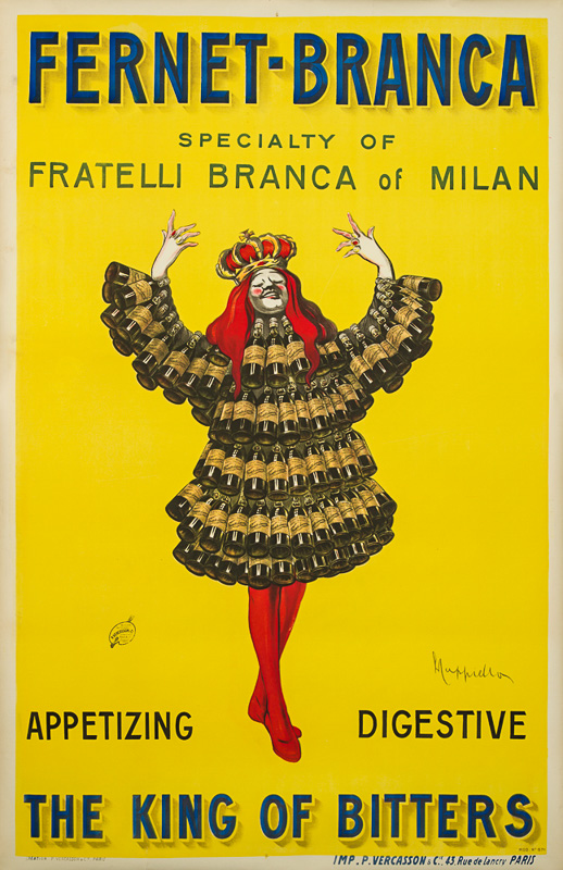 1909009Z3 et 1909009Z4 : Après 1911 - Un roi se pavanne dans un costume fait uniquement de bouteilles de Fernet-Branca. - Leonetto Cappiello