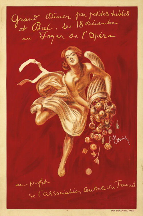 1920 ca. - Une femme accourt avec une corne d'abondance remplie de fleurs et de fruits.