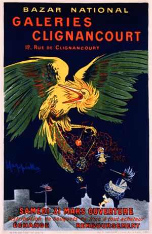 1906 - Un grand rapace imaginaire s'élève au-dessus de la ville. Il a attrapé dans un filet diverses marchandises comme : casserole