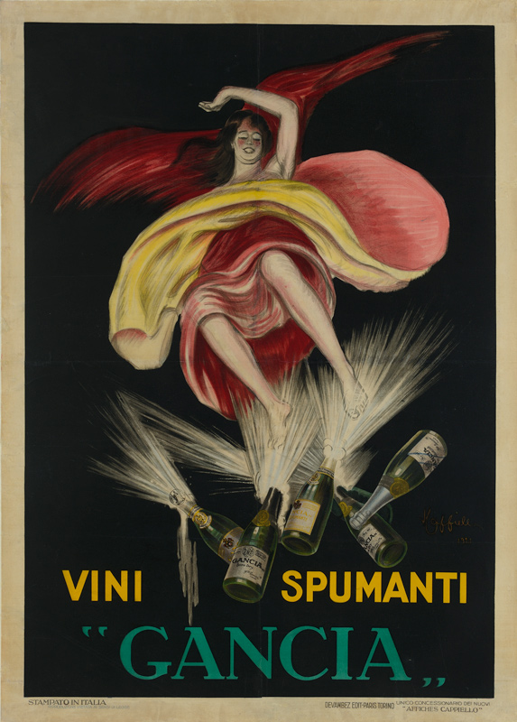 1921 - Une femme est propulsée vers le haut par des jets de vin mousseux sortant de bouteilles venant d'être ouvertes. - Leonetto Cappiello