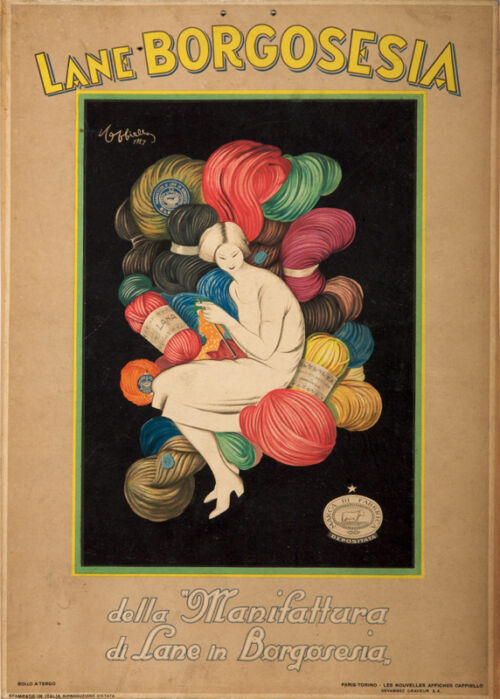 1927 - Une femme tricote assise sur de multiples pelotes et écheveaux de laines multicolores. - Leonetto Cappiello